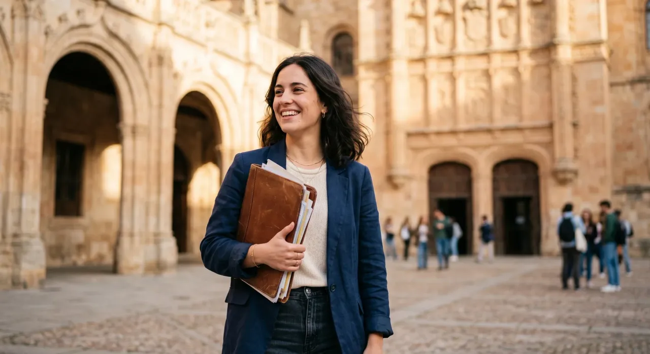 Estudiante internacional sonriendo frente a la Universidad de Salamanca