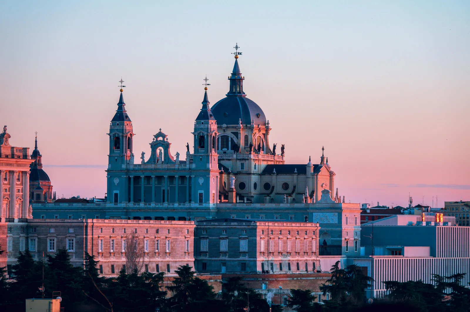Almudena Cathedral and the Royal Palace of Madrid at sunset